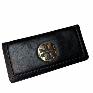 Tory Burch Bifold Purse Clutch Zip Pockets w card case black leather gold logo